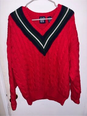 90’s GAP Red Cable-Knit V-Neck Sweater with Green, Navy & White Trim